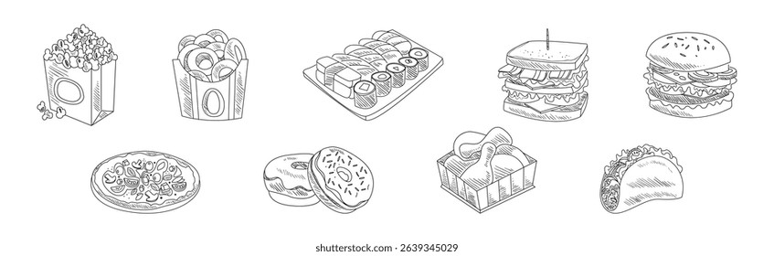 Fast Food and Appetizing Snack Sketch Drawing Vector Set