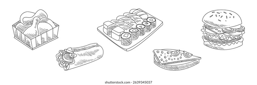 Fast Food and Appetizing Snack Sketch Drawing Vector Set