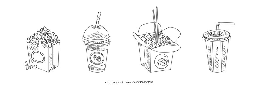 Fast Food and Appetizing Snack Sketch Drawing Vector Set