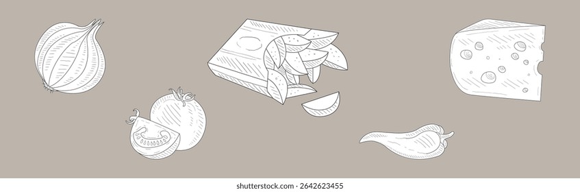 Fast food e apetitoso Snack esboço desenho vetor conjunto