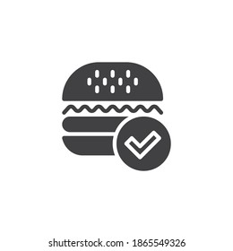 Fast Food-Genehmigung, Vektorsymbol. volles Flachzeichen für mobiles Konzept und Webdesign. Mit dem Häkchen-Symbol für die Glyphe verbrennen. Symbol, Logo-Abbildung. Vektorgrafik