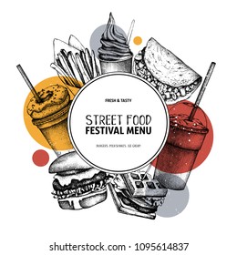 Fast food art. Engraved style design with vector drawing for logo, icon, label, packaging, poster. Street food festival menu with vintage illustrations.