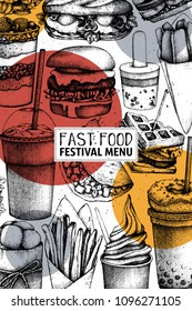 Fast food art. Engraved style design with vector drawing for logo, icon, label, packaging, poster. Street food festival menu with vintage illustrations.