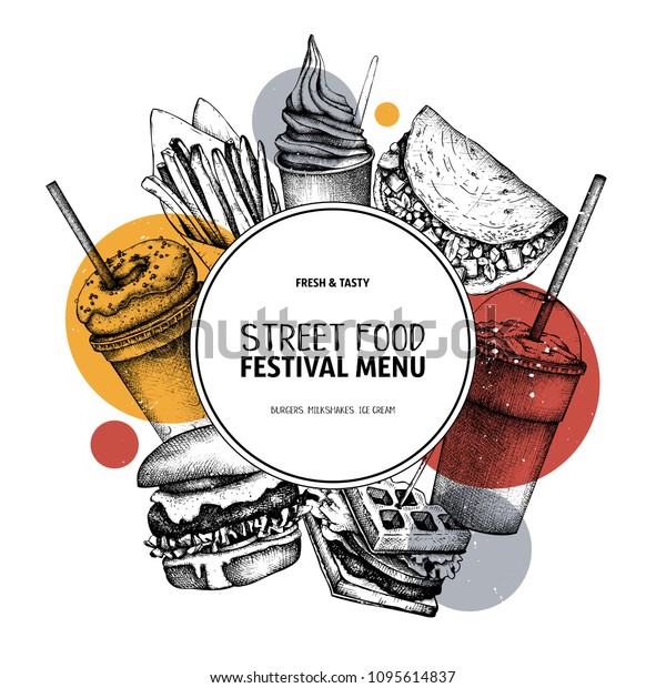 Fast food art. Engraved style design with\
vector drawing for logo, icon, label, packaging, poster. Street\
food festival menu with vintage\
illustrations.