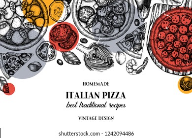 Fast food art. Vintage Pizza illustration.  Engraved style design with vector drawing for logo, icon, label, packaging, poster. Street food festival menu template.