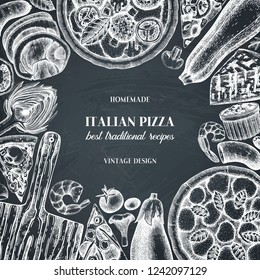 Fast food art. Vintage Pizza illustration.  Engraved style design with vector drawing for logo, icon, label, packaging, poster. Street food festival menu template on chalkboard