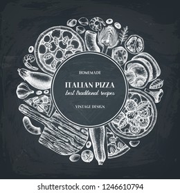 Fast food art. Vintage Pizza illustration.  Engraved style design with vector drawing for logo, icon, label, packaging, poster. Street food festival menu template on chalkboard