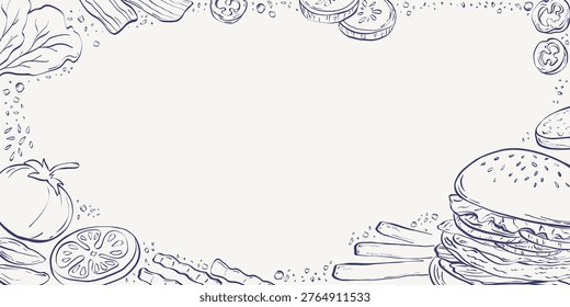Fast food background. Burger design template with empty space for text, linear snack doodles collection, vintage junk food print. Vector graphic illustration.