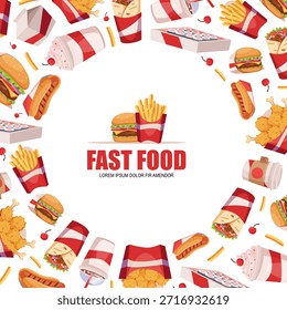 Fast Food Hintergrund. Kreisform Vorlage mit verschiedenen Junk-Food-Bilder Burger gebratene Kartoffeln und kalte Getränke
