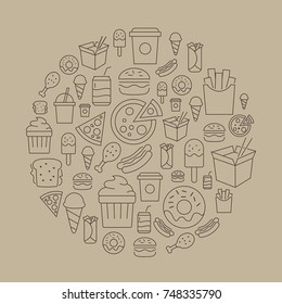 Fast food background - collection of icons representing fast food, junk food, unhealthy eating. Thin lines style.