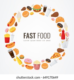 Fast food background with colorful food icons. Tasty food concept. Vector illustration