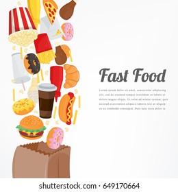 Fast food background with colorful food icons. Tasty food concept. Vector illustration