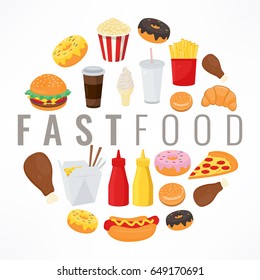 Fast food background with colorful food icons. Tasty food concept. Vector illustration