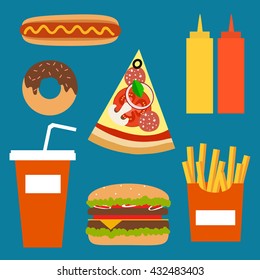 Fast food background concept. Vector fast food meal illustration. Concept of flat fast food icons. Colorful fast food vector concept  for your design. Fast food elements isolated.