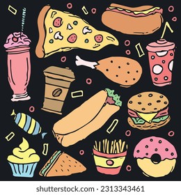 Fast food background. Doodle fastfood icons. Drawn food illustration