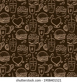 Fast food background. Doodle food print. Coffee, lemonade, burger, cake, heart seamless pattern. Vector texture.