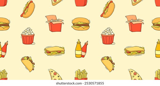 Fondo de comida rápida con sándwich de doodle, salchicha de patata, taco. Patrón sin fisuras con la comida. Ilustración vectorial dibujada a mano para el diseño del menú.