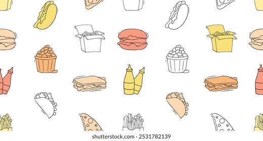 Fast food background with doodle sandwich, potato hotdog, taco. Seamless pattern with food. Hand drawn vector illustration for menu design.
