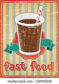 Fast food background with drink in retro style.