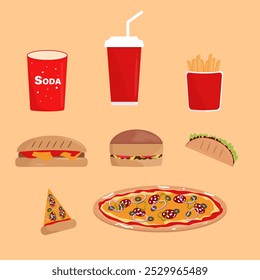 Fast food background with drinks, fries  and food 