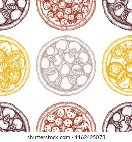 Fast food background. Engraved style seamless pattern with hand drawn Pizza sketches. Vector Italian food drawing for packaging. 