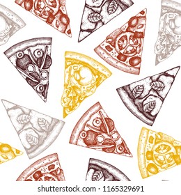 Fast food background. Engraved style seamless pattern with hand drawn Pizza sketches. Vector Italian food drawing for packaging or menu design. 