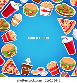 Fast food background flat style for design, banner, menu, card. Vector fast food background with burger, soda, fries, ice cream and chicken.