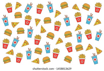 Fast food background. Fast food hamburger dinner and restaurant, tasty set fast food many meal and unhealthy fast food classic nutrition in flat style.