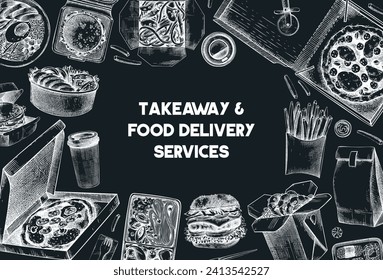 Fast food background. Hand-drawn vector illustration on chalkboard. Food delivery paper box, takeaway food, fast food menu design. Pizza, burger, coffee, noodles, poke, sushi sketch