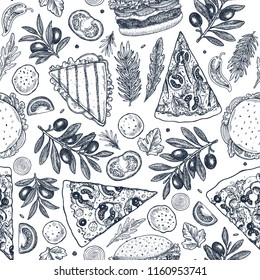 Fast food background. Linear graphic. Snack collection. Junk food. Engraved seamless pattern. Vector illustration