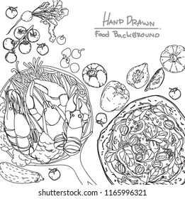 Fast food background linear graphic. Engraved top view illustration.