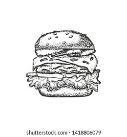 Fast food background. Linear graphic. Snack collection. Junk food. Engraved top view illustration. Vector illustration