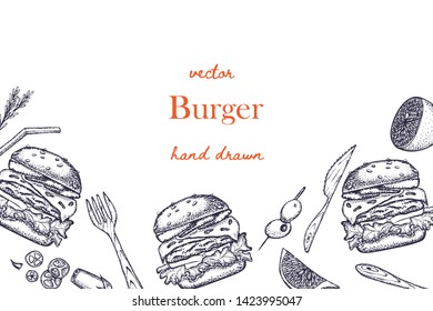 Fast food background. Linear graphic. Snack collection. Junk food. Engraved top view illustration. Vector illustration
