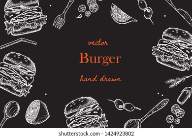 Fast food background. Linear graphic. Snack collection. Junk food. Engraved top view illustration. Vector illustration