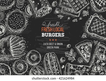 Fast food background. Linear graphic. Snack collection. Junk food. Engraved top view illustration. Vector illustration