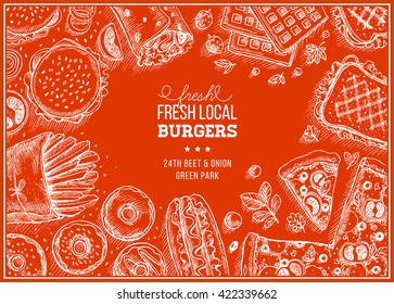 Fast food background. Linear graphic. Snack collection. Junk food. Engraved top view illustration. Vector illustration