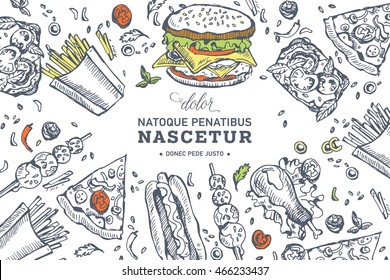 Fast food background. Linear graphic. Snack collection. Junk food. Engraved top view illustration. Vector illustration