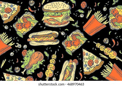 Fast food background. Linear graphic. Snack collection. Junk food. Engraved top view illustration. Vector illustration