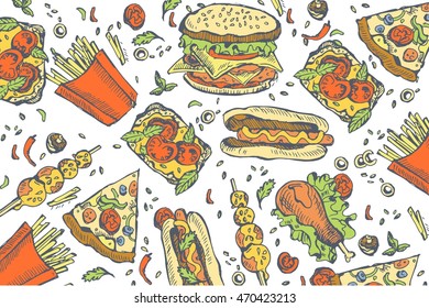 Fast food background. Linear graphic. Snack collection. Junk food. Engraved top view illustration. Vector illustration