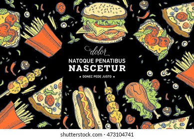 Fast food background. Linear graphic. Snack collection. Junk food. Engraved top view illustration. Vector illustration