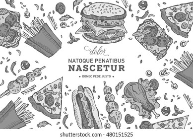Fast food background. Linear graphic. Snack collection. Junk food. Engraved top view illustration. Vector illustration