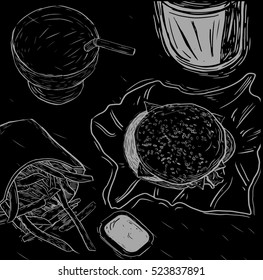 Fast food background. Linear graphic. Snack collection. Junk food. Engraved top view illustration. Vector illustration