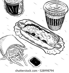Fast food background. Linear graphic. Snack collection. Junk food. Engraved top view illustration. Vector illustration