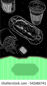 Fast food background. Linear graphic. Snack collection. Junk food. Engraved top view illustration. Vector illustration