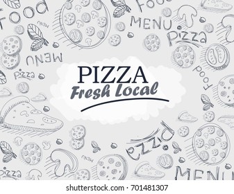 Fast food background. Linear graphic. Fresh local pizza. Snack collection. Engraved top view illustration. Icons. Eps 10.