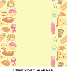 Fast food background with place for text. Doodle fastfood icons. Drawn food illustration