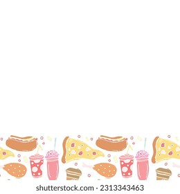 Fast food background with place for text. Doodle fastfood icons. Drawn food illustration