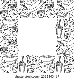 Fast food background with place for text. Doodle fastfood icons. Drawn food illustration