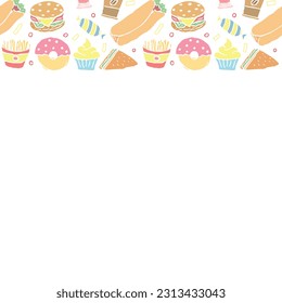 Fast food background with place for text. Doodle fastfood icons. Drawn food illustration