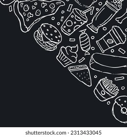 Fast food background with place for text. Doodle fastfood icons. Drawn food illustration